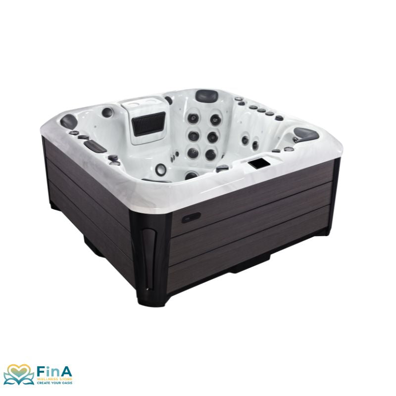 Colombo Premium Hot tub from Platinum Spas with seven seats and stylish wood paneling - a luxurious solution for sociable wellness moments.