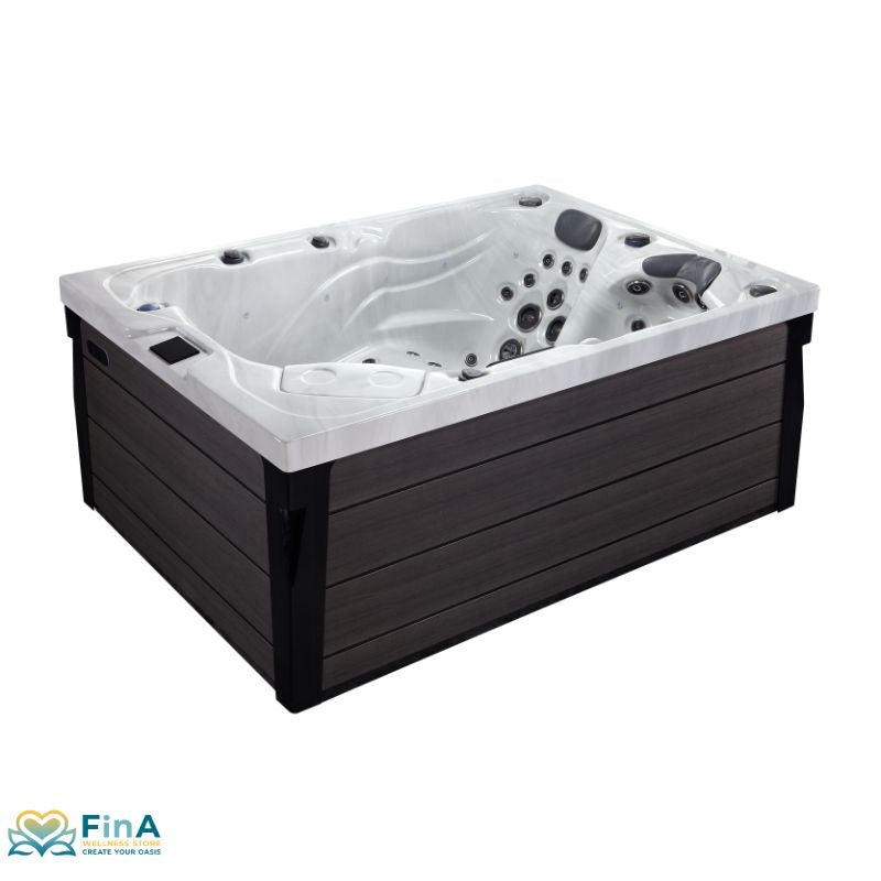 latinum Spas Topaz Premium Hot Tub with 64 massage jets and two loungers - stylish whirlpool solution for three Persons.