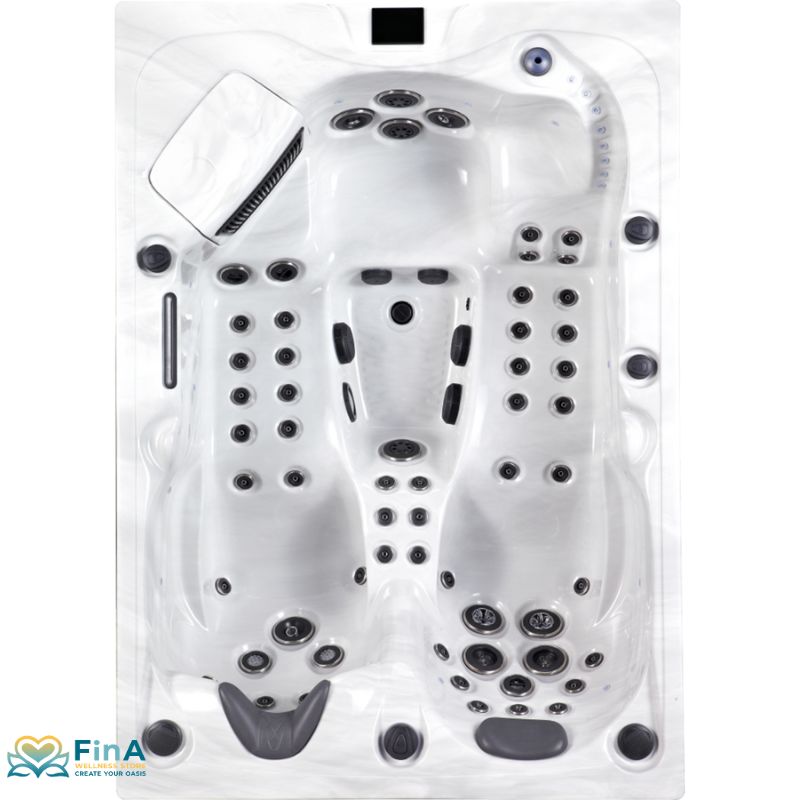 Interior view of the Topaz hot tub with two ergonomic lounge seats and 64 massage jets for targeted hydrotherapy.